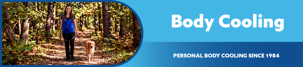 A promotional banner with a bright blue background, featuring a photo of a woman walking a dog on a forest path on the left, and large white text reading 'Body Cooling' with smaller text 'PERSONAL BODY COOLING SINCE 1984' on the right.