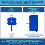 A blue informational comparison graphic showing two therapy pad styles for knee pain relief. The left panel, labeled 'THIS LISTING KNEE,' shows a smaller open-design knee pad with dimensions 13 by 11.
