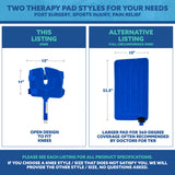 A blue informational comparison graphic showing two therapy pad styles for knee pain relief. The left panel, labeled 'THIS LISTING KNEE,' shows a smaller open-design knee pad with dimensions 13 by 11.