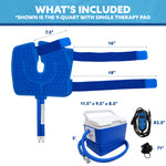 Blue cooling therapy pad set with included accessories and dimensions shown on a white background under a blue 'WHAT'S INCLUDED' header. The main product is a U-shaped blue therapy pad with three connected straps, plus a 9-quart cooling reservoir, controller, and power adapter.