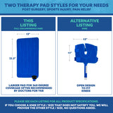 An informational comparison graphic showing two blue knee therapy pad styles with dimensions and text labels: a larger full circumference pad labeled 13 by 22.5 inches, and an alternative open-design knee pad labeled 13 by 11 inches.