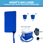What's included graphic showing a blue full circumference knee therapy pad, a blue and white cooling reservoir, two blue elastic and velcro straps, a digital controller, and accessories on a white background with a blue header.