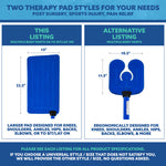 An informational size chart graphic for two blue therapy pad styles. The left panel, labeled 'THIS LISTING,' shows a larger rectangular blue pad with dimensions 13 by 22.