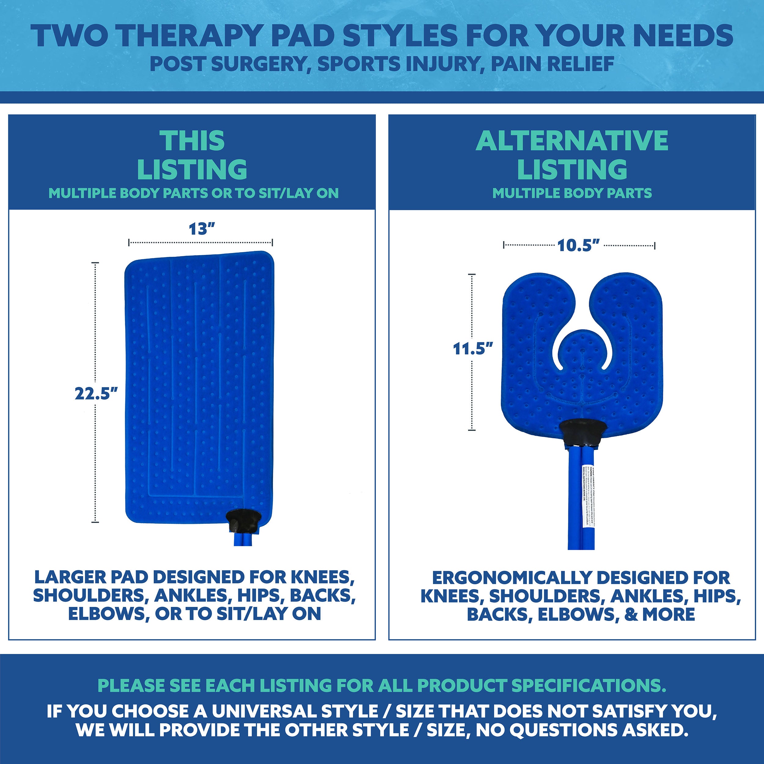 An informational size chart graphic for two blue therapy pad styles. The left panel, labeled 'THIS LISTING,' shows a larger rectangular blue pad with dimensions 13 by 22.