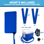Product information graphic for a portable cooling pad set, showing a blue cooling pad with pump hose, two blue straps labeled 44 inches by 3 inches, a 9-quart blue-and-white cooling reservoir, a digital controller, and accessories with dimensions and text reading 'WHAT'S INCLUDED'.