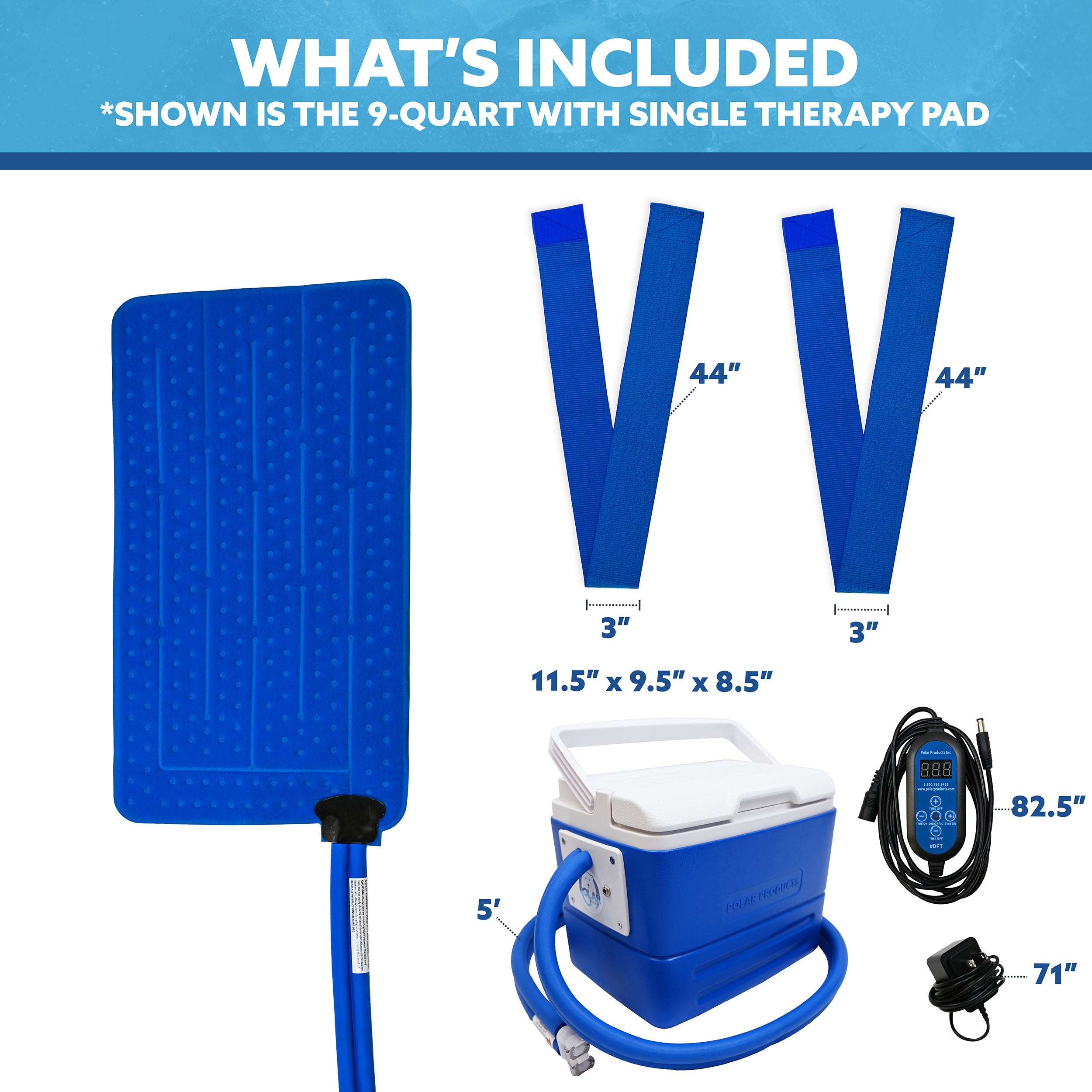 Product information graphic for a portable cooling pad set, showing a blue cooling pad with pump hose, two blue straps labeled 44 inches by 3 inches, a 9-quart blue-and-white cooling reservoir, a digital controller, and accessories with dimensions and text reading 'WHAT'S INCLUDED'.