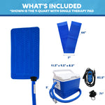 Product bundle graphic showing a blue Extended Coverage Back & Limb Cold Therapy Pad, two blue therapy straps labeled 44 inches, a 9-quart blue-and-white cooling reservoir with hose, a digital controller, and accessories, with text reading WHAT'S INCLUDED and dimensions on a white background.