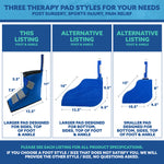 Comparison chart for three active ice® cold therapy pads for the feet and ankles. This listing showing the larger pad that doesn't provide cooling at the bottom of the foot, compared to the regular and large bootie style therapy pads.