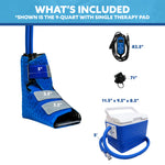 Blue 9-quart portable foot therapy pad set with a cooling reservoir, power supply, tubing, and accessories, shown with included items and dimensions on a white background under a blue 'WHAT'S INCLUDED' header.