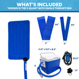 A product inclusion graphic showing a blue Extended Coverage Hip Cold Therapy Pad with a hose, two blue straps labeled 44 inches and 3 inches, a 9-quart blue-and-white cooling reservoir, a digital controller, and a power adapter. Text at the top reads 'WHAT'S INCLUDED' and labels dimensions for the accessories.