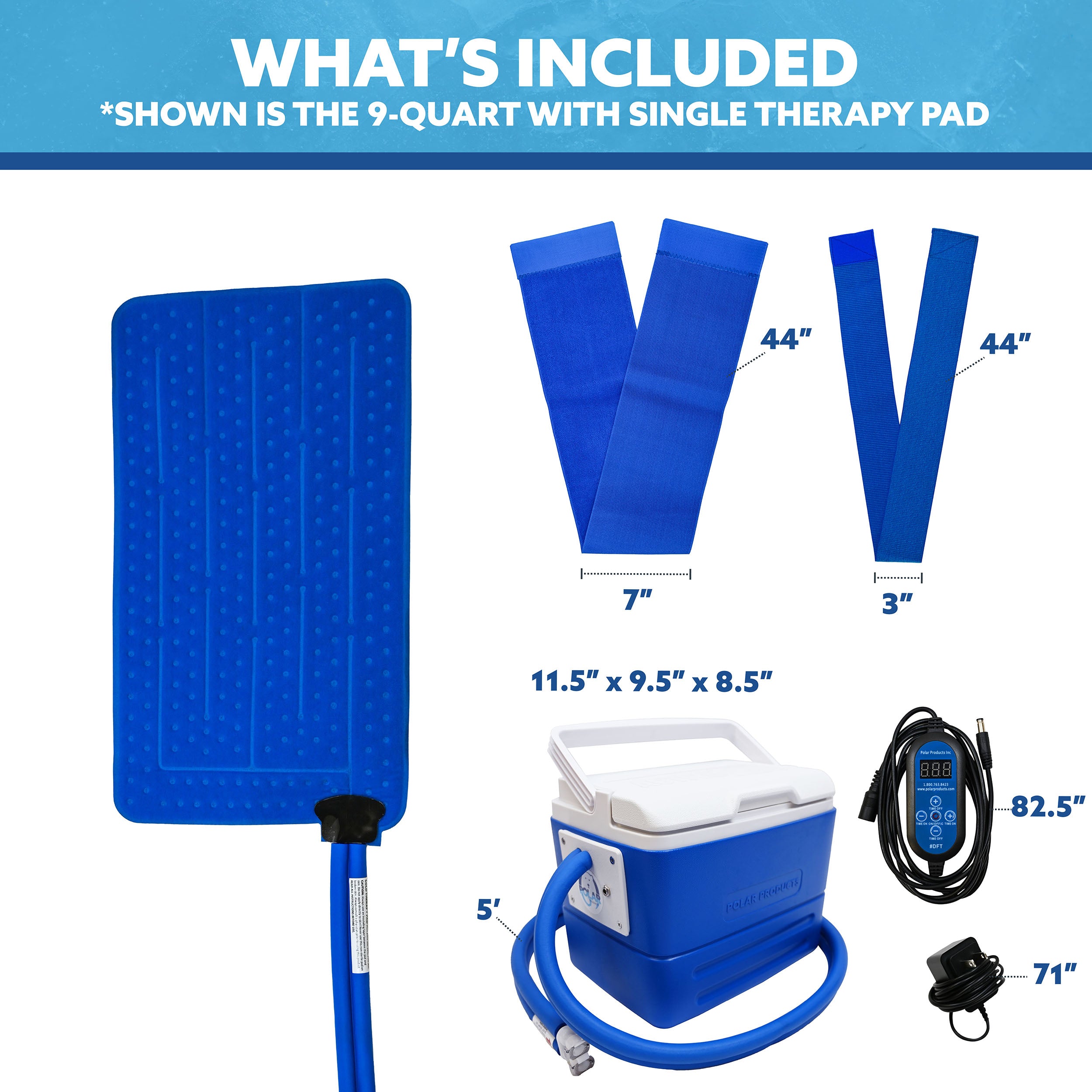 A product inclusion graphic showing a blue Extended Coverage Hip Cold Therapy Pad with a hose, two blue straps labeled 44 inches and 3 inches, a 9-quart blue-and-white cooling reservoir, a digital controller, and a power adapter. Text at the top reads 'WHAT'S INCLUDED' and labels dimensions for the accessories.