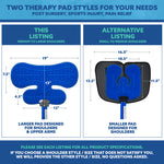 A size and style guide graphic for two types of blue therapy pads, showing dimensions and fit recommendations for different shoulder sizes. The left panel shows a larger pad for 'This Listing' and the right panel shows a smaller pad for 'Alternative Listing'.