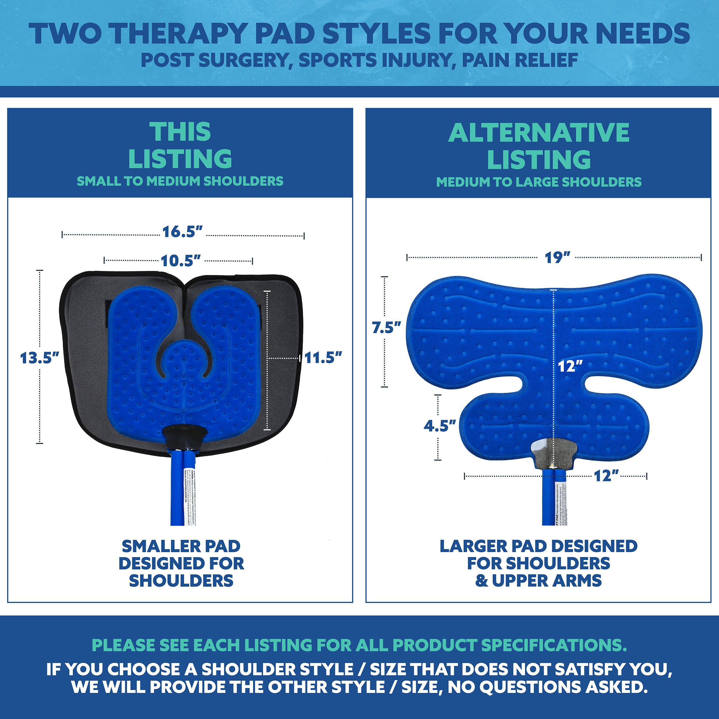 Comparison chart for two active ice® cold therapy pads for the shoulder. This listing showing the small to medium shoulder style in comparison to the alternative listing which is the broad shoulder