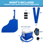 Blue 9-quart portable therapy pad set with a cooling reservoir, power supply, tubing, and accessories, shown with included items and dimensions on a white background under a blue 'WHAT'S INCLUDED' header.