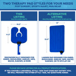 An informational comparison graphic showing two blue therapy pad styles for different body-part coverage needs. The left panel, labeled 'THIS LISTING' and 'MULTIPLE BODY PARTS,' shows a smaller curved pad measuring 10.