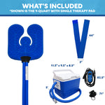 9-quart cold therapy kit shown with the universal "u" cold therapy pad, elastic strap, blue and white cooling reservoir, digital timer, and power supply.