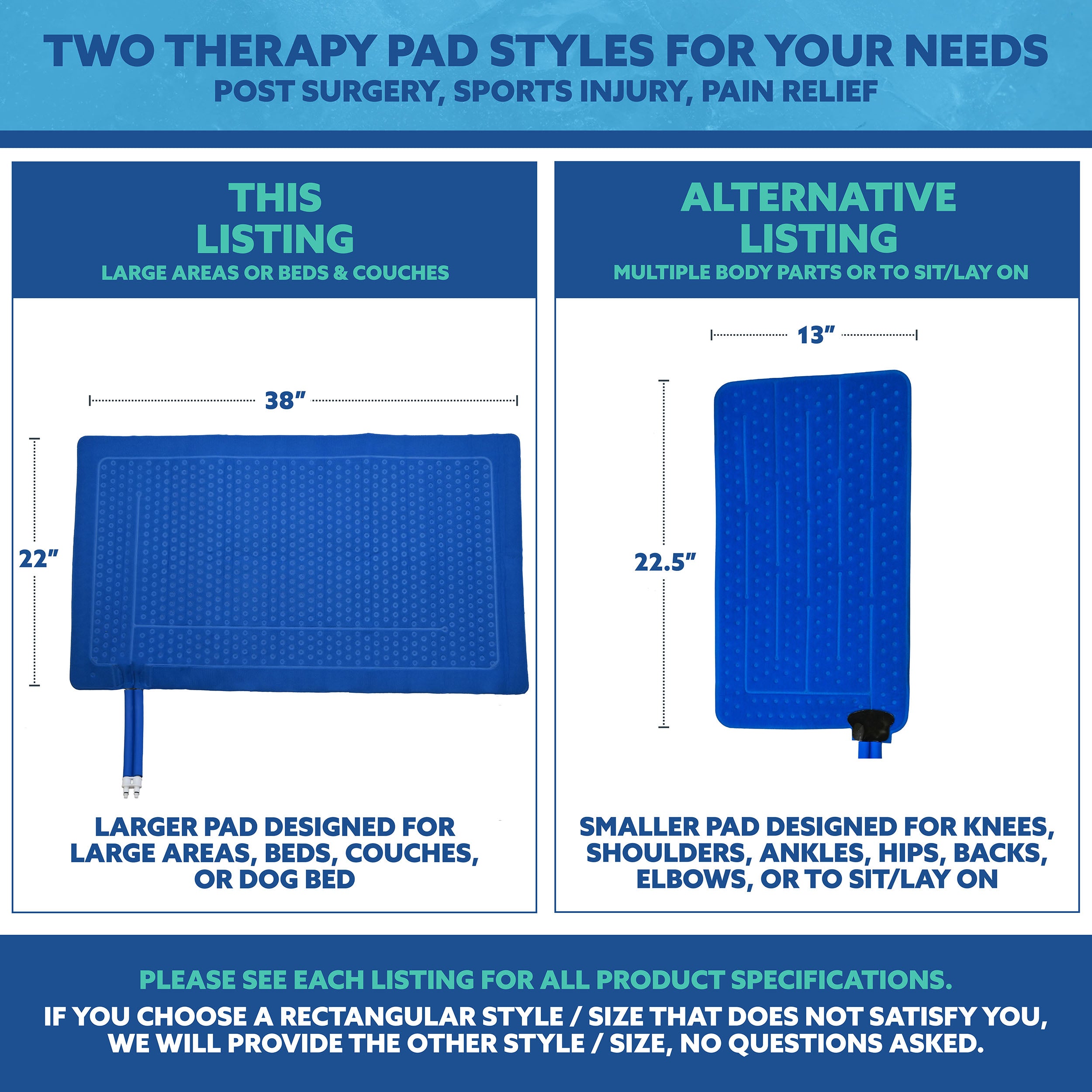 An informational comparison graphic for two blue therapy pad styles, labeled 'This Listing' for large areas/beds/couches (38" by 22") and 'Alternative Listing' for multiple body parts or sit/lay on (13" by 22.5").