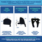 An informational comparison graphic showing three different therapy pad styles for head, face, and top/back of head pain relief, with dimensions and text labels on a blue and white background.