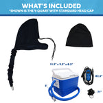 Blue 9-quart portable head cap therapy set with a cooling reservoir, power supply, tubing, and accessories, shown with included items and dimensions on a white background under a blue 'WHAT'S INCLUDED' header.
