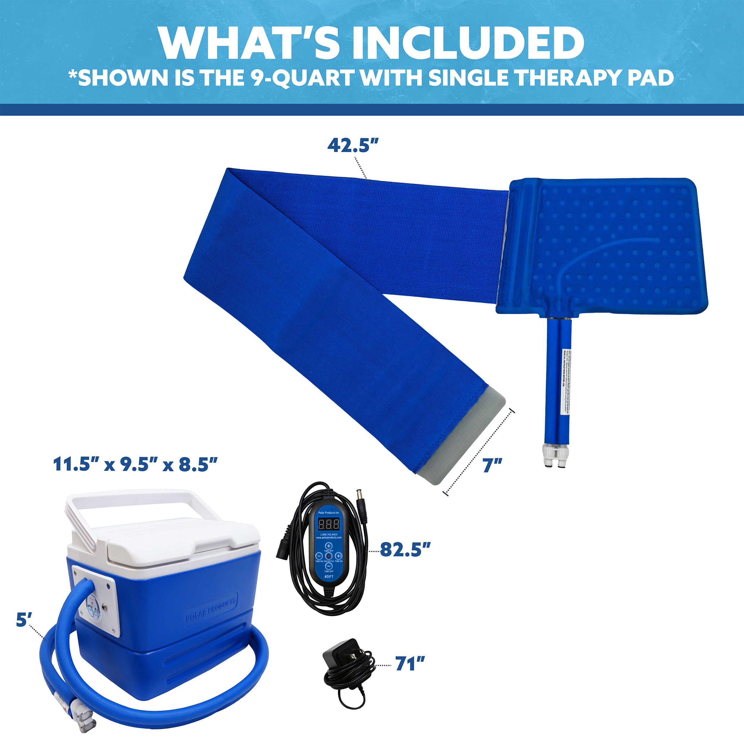 Blue 9-quart portable back and hip therapy pad set with a cooling reservoir, power supply, tubing, and accessories, shown with included items and dimensions on a white background under a blue 'WHAT'S INCLUDED' header.