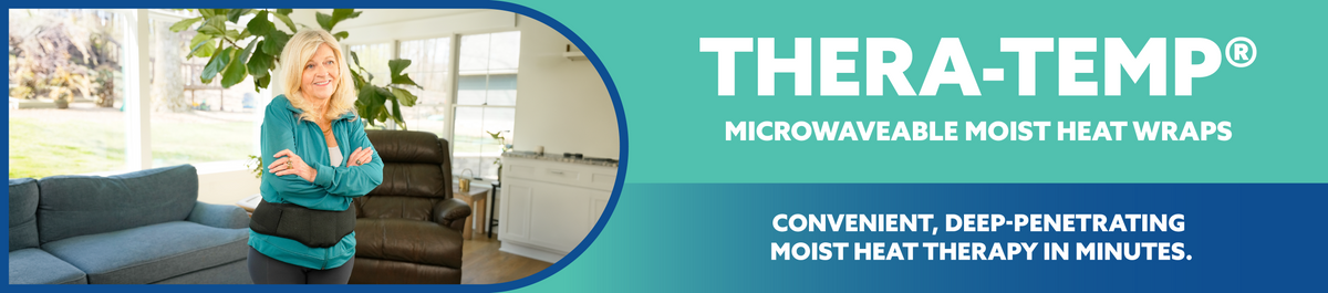 Woman wearing a black thera-temp® moist heat cervical wrap around her waist in a bright living space area with couch, chair and plants in the background in a promotional banner about microwaveable moist heat wraps