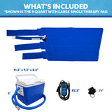 Blue 9-quart portable large full circumference knee therapy pad set with a 9-qt cooling reservoir, power supply, tubing, and accessories, shown with included items and dimensions on a white background under a blue 'WHAT'S INCLUDED' header.