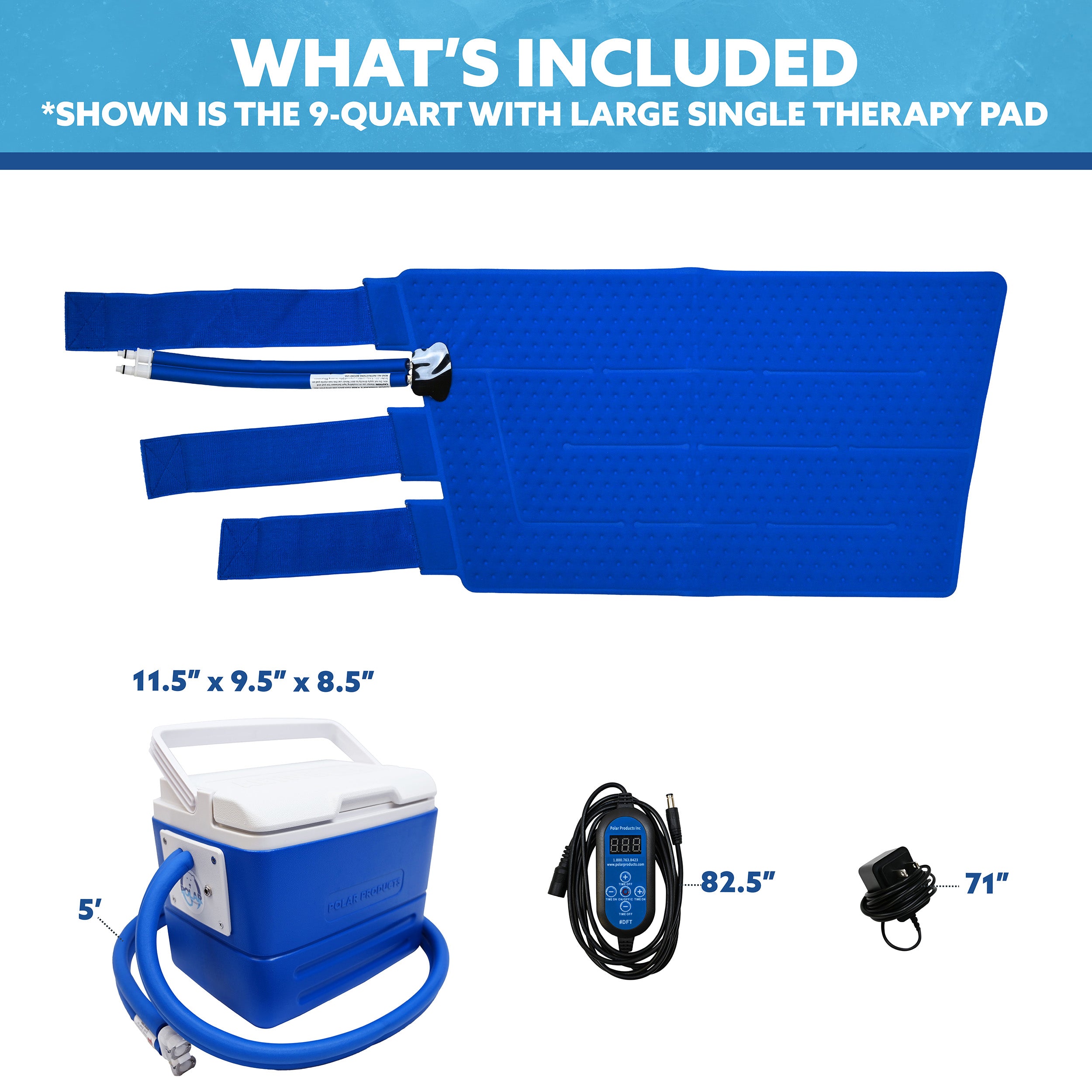 Blue 9-quart portable large full circumference knee therapy pad set with a 9-qt cooling reservoir, power supply, tubing, and accessories, shown with included items and dimensions on a white background under a blue 'WHAT'S INCLUDED' header.