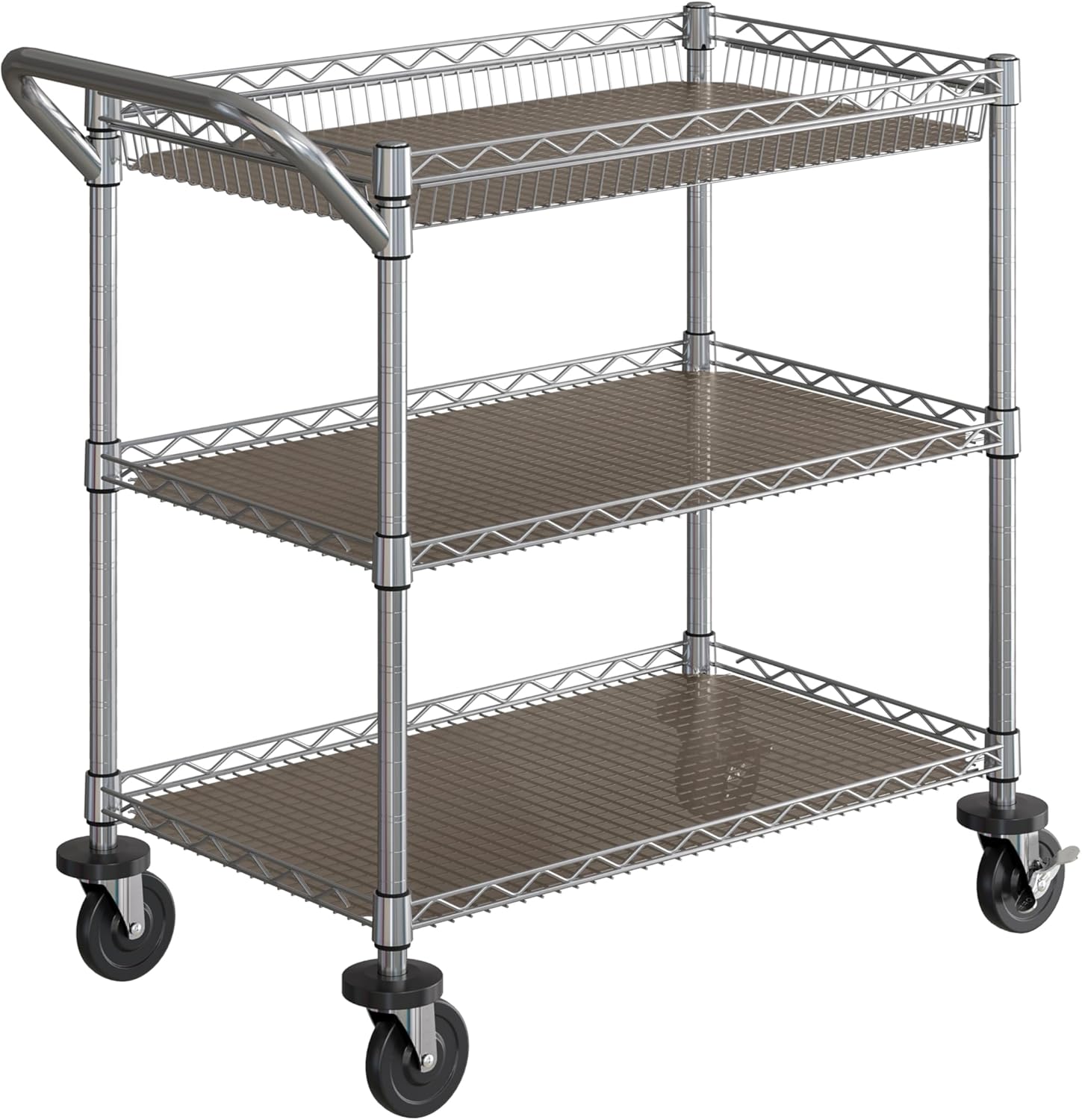 A three-tier wire storage cart with a silver metal frame, brown slatted shelves, and black caster wheels, shown on a plain white background.