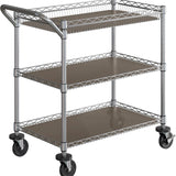 A three-tier wire storage cart with a silver metal frame, brown slatted shelves, and black caster wheels, shown on a plain white background.