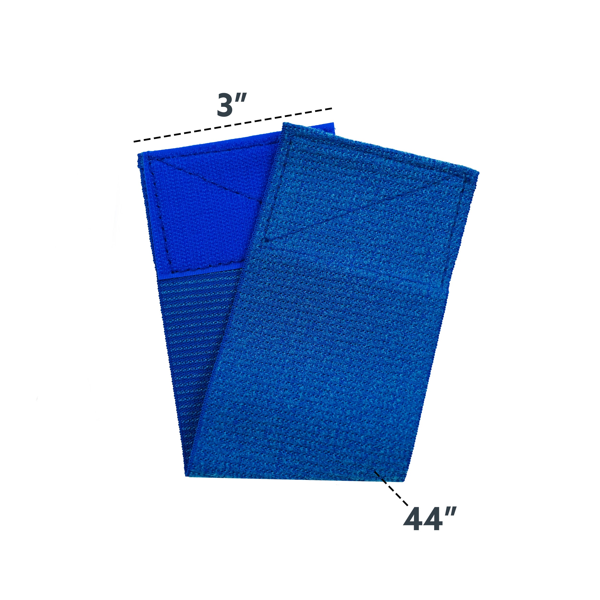 Blue elastic and velcro strap with dimensions on a white background.