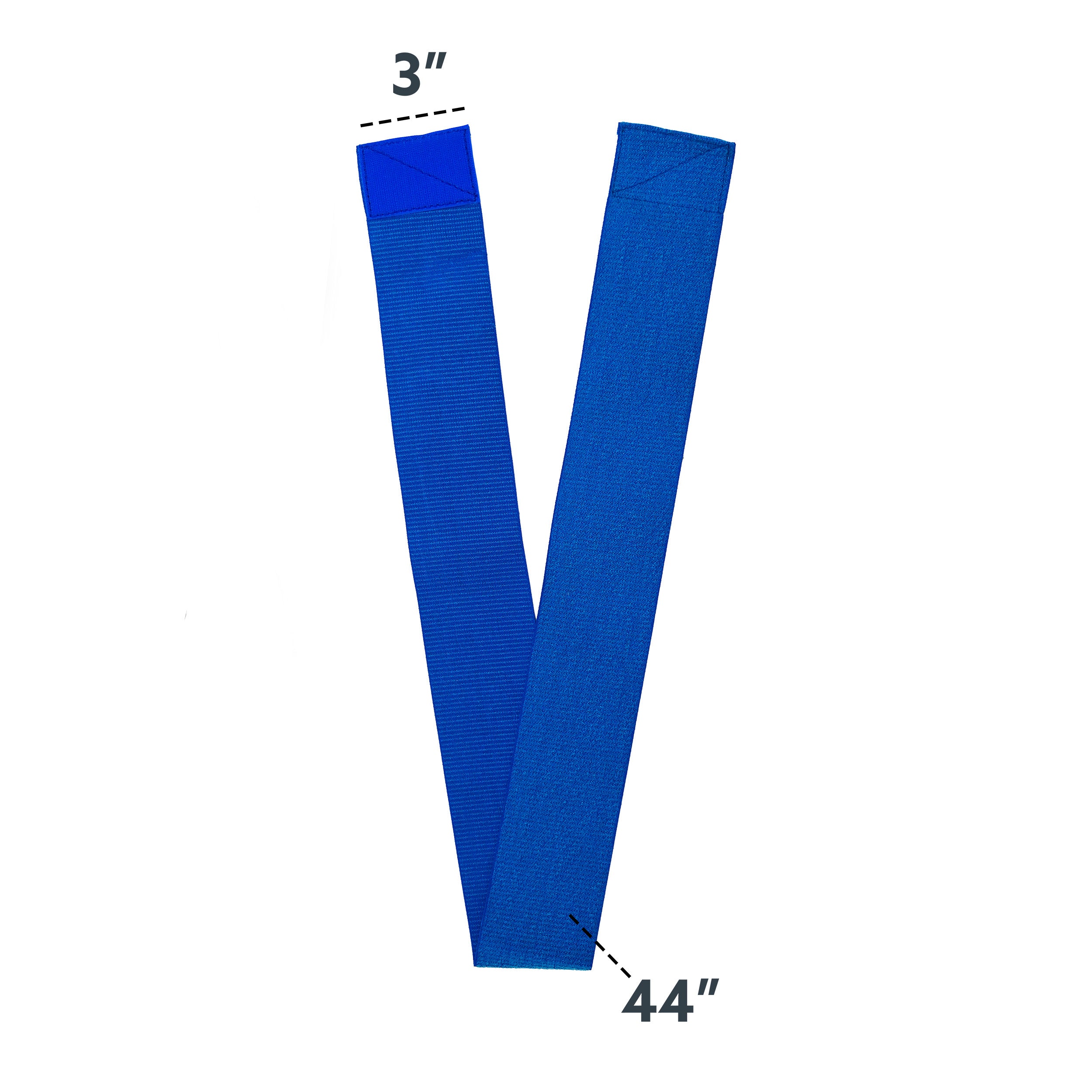 Blue elastic and velcro strap with dimensions on a white background.