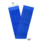 Blue elastic and velcro strap with dimensions on a white background.