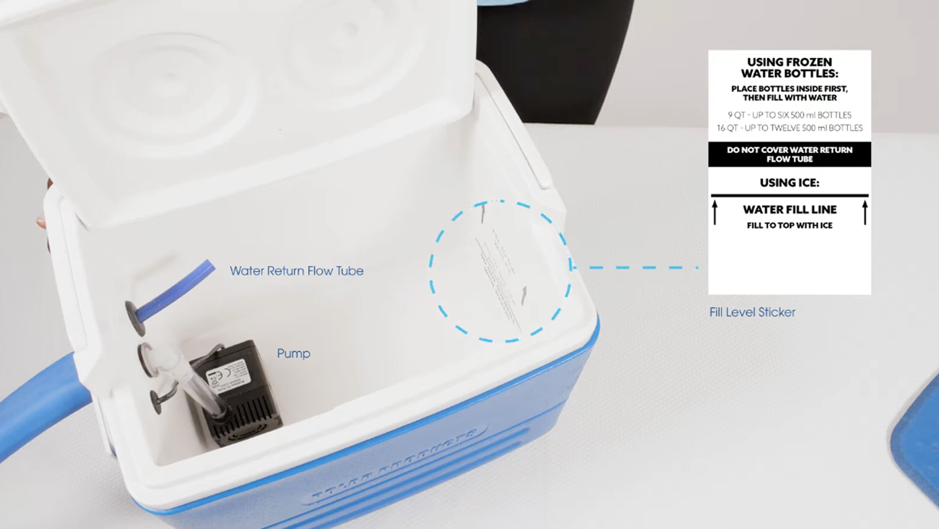 White and blue water dispenser with pump and hose, showing internal components of the Active Ice® 3.0 cold therapy system and user instructions.