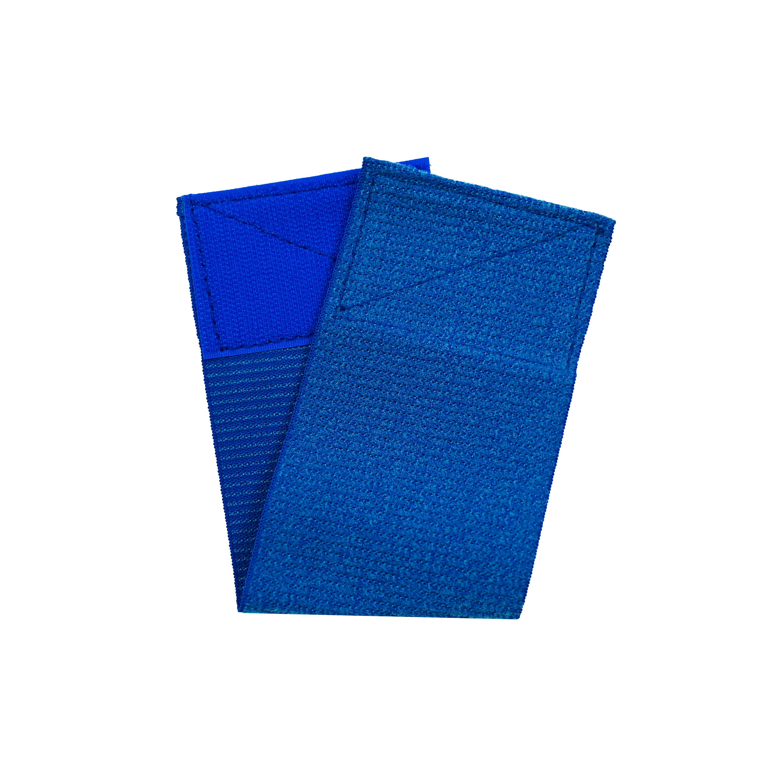 Blue elastic and velcro strap on a white background.