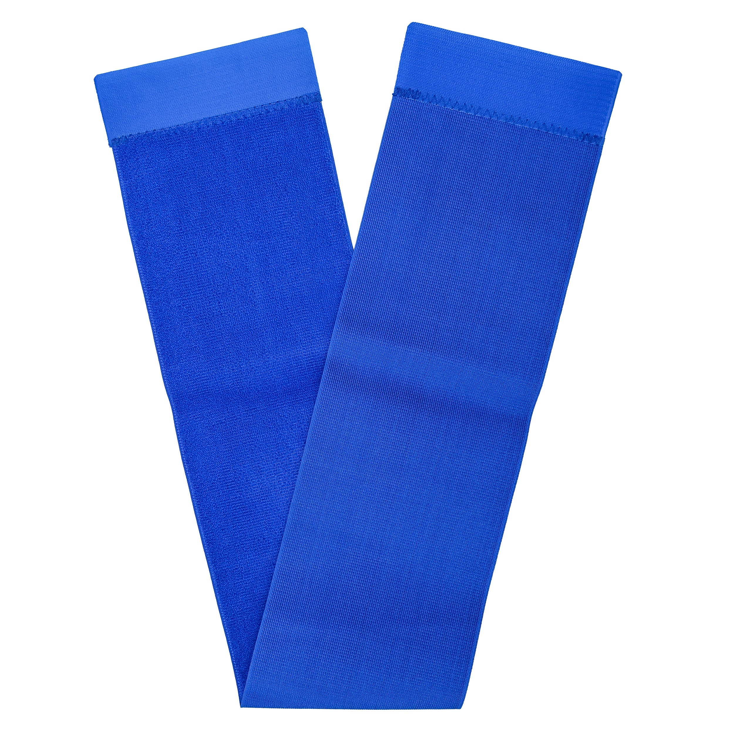 Blue elastic and velcro strap on a white background.