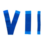 Three separate blue elastic and velcro straps on a white background.