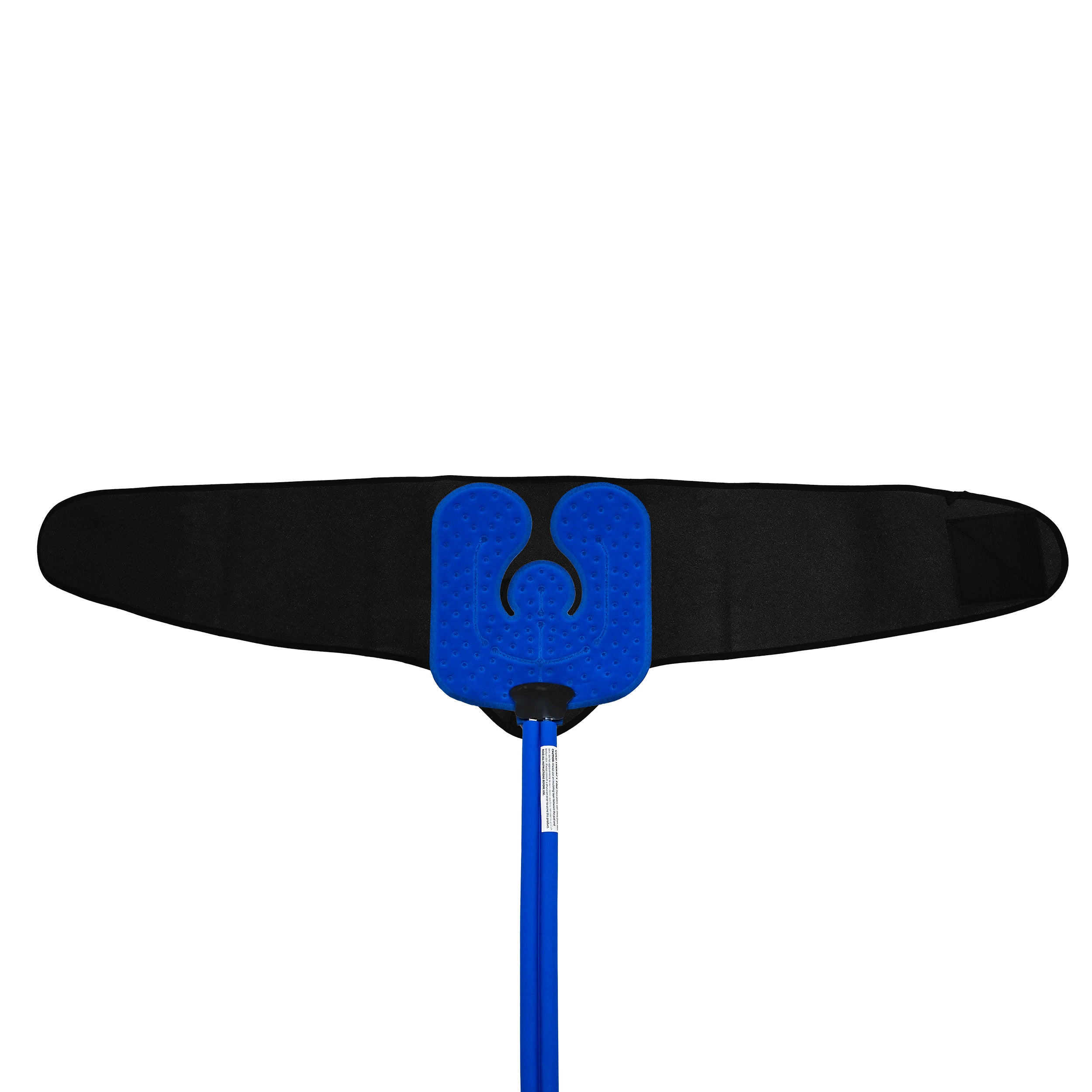 Blue universal u therapy pad on top of a black lumbar compression wrap.