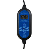 Digital programmable timer control with blue display and black casing on a white background