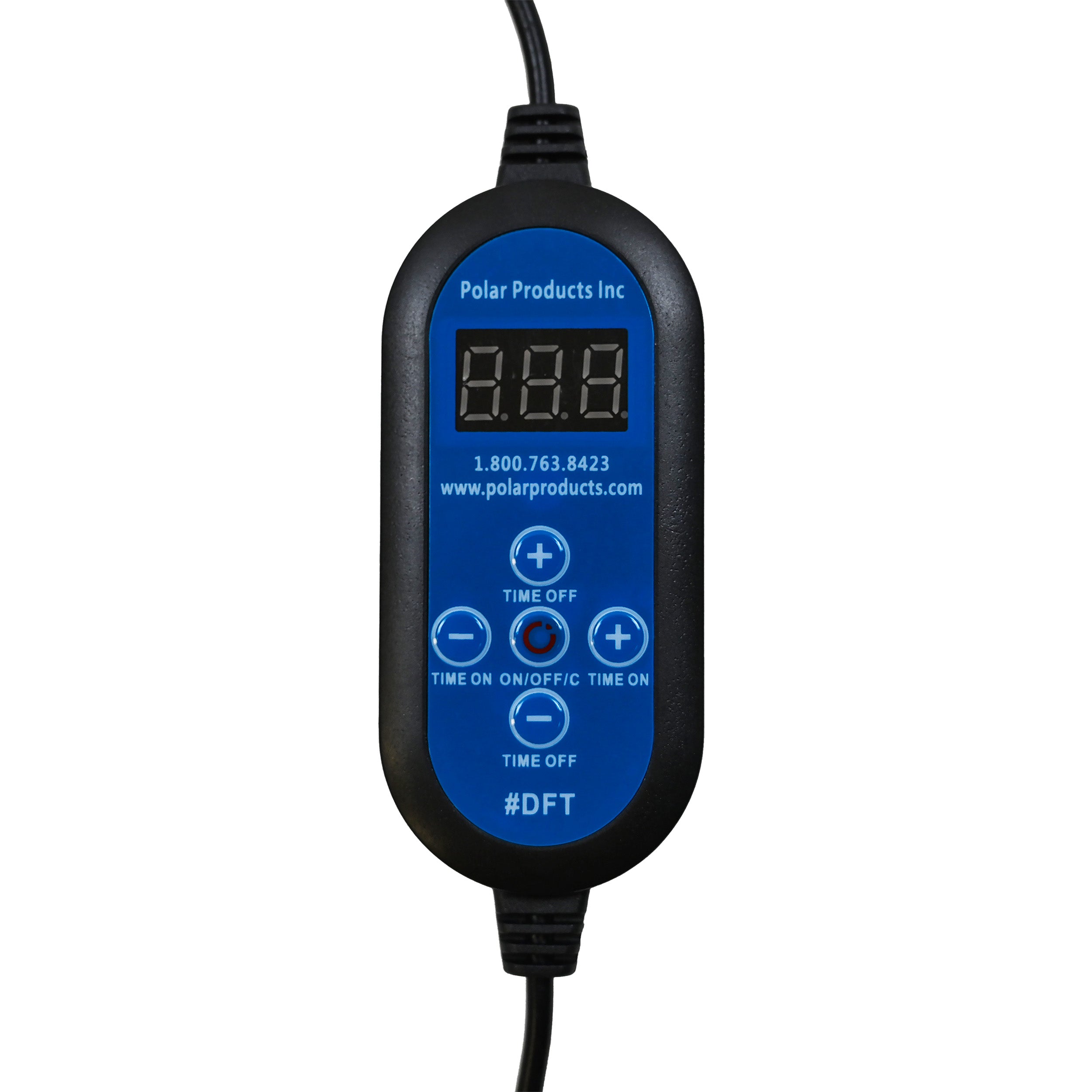 Digital programmable timer control with blue display and black casing on a white background