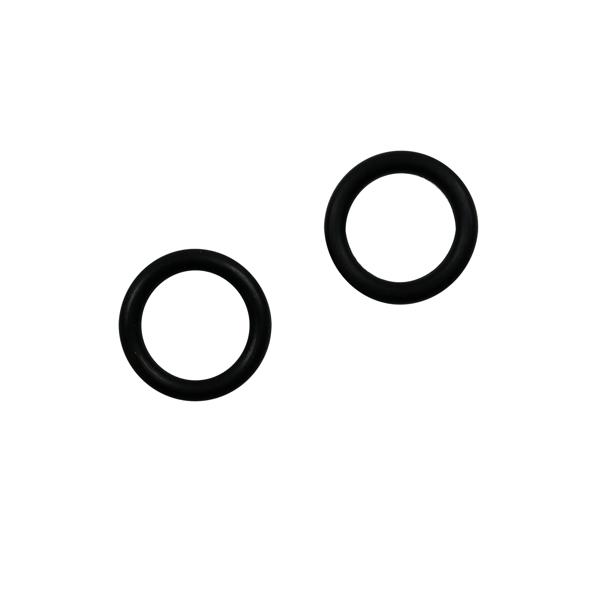 Two black rubber O-rings on a white background