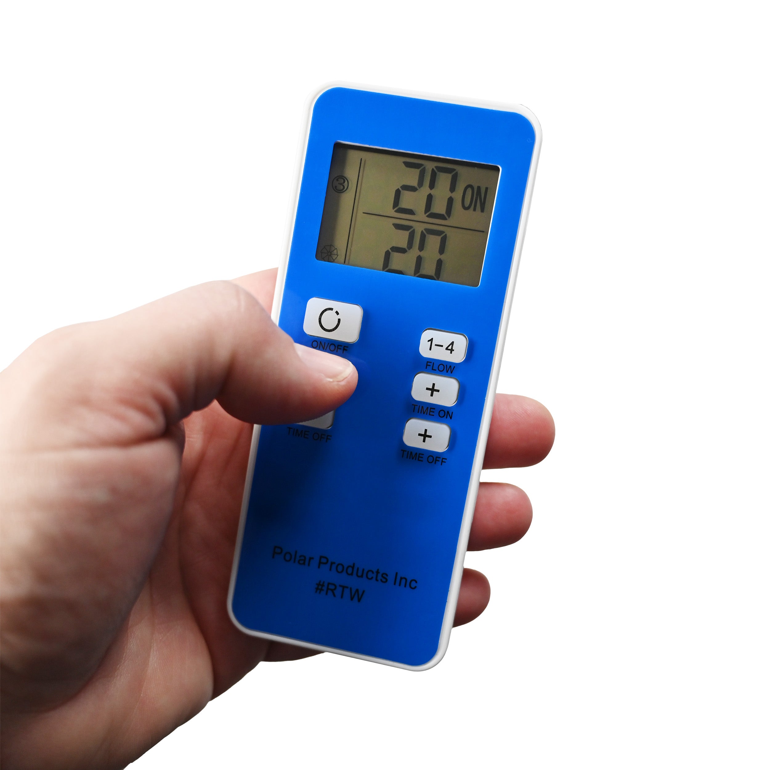 Hand holding a blue wireless programmable remote for the Active Ice® Cold Therapy System with a white background