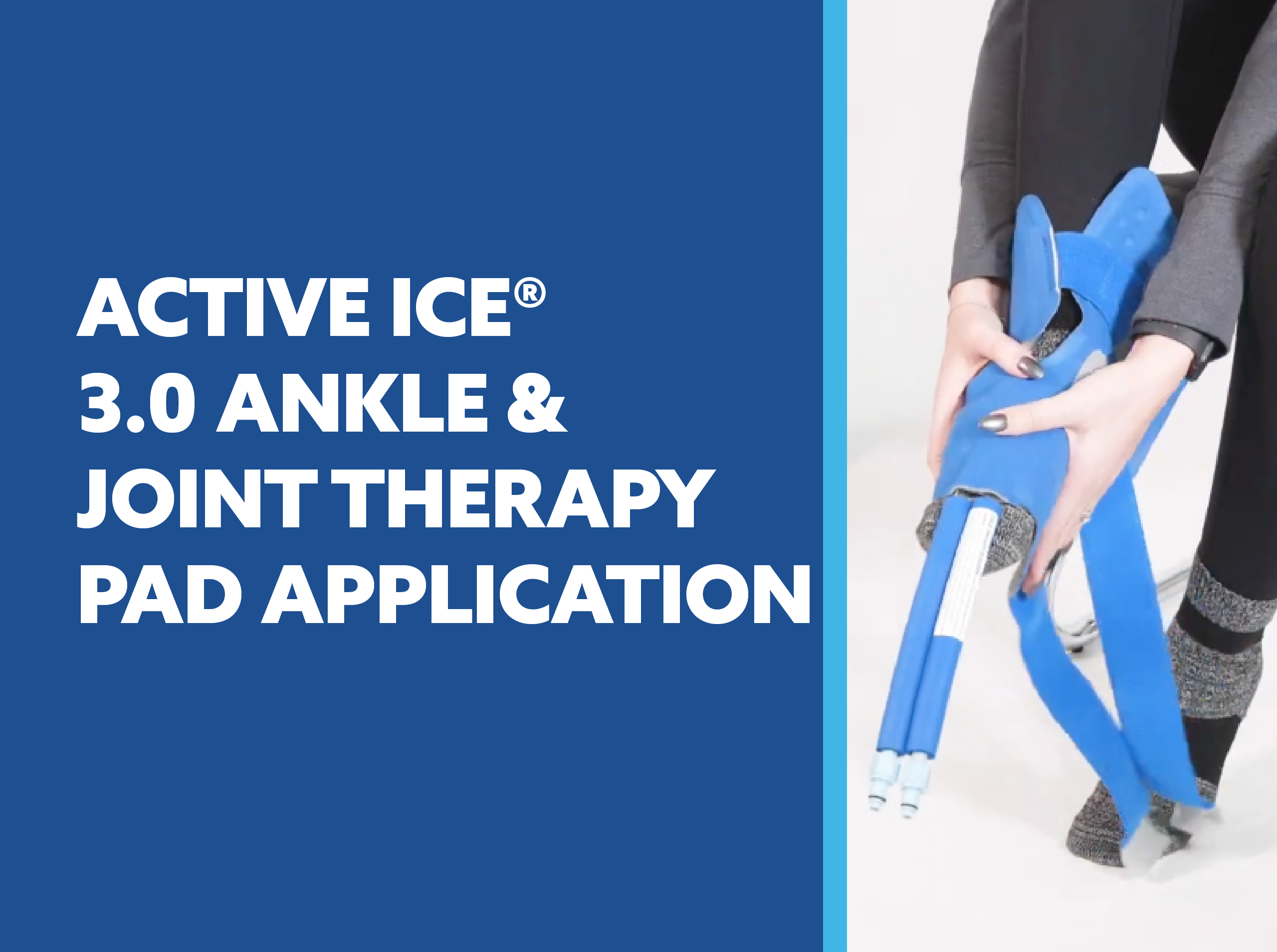 Person wearing an Active Ice 3.0 knee & joint therapy pad with text about application video on a blue background