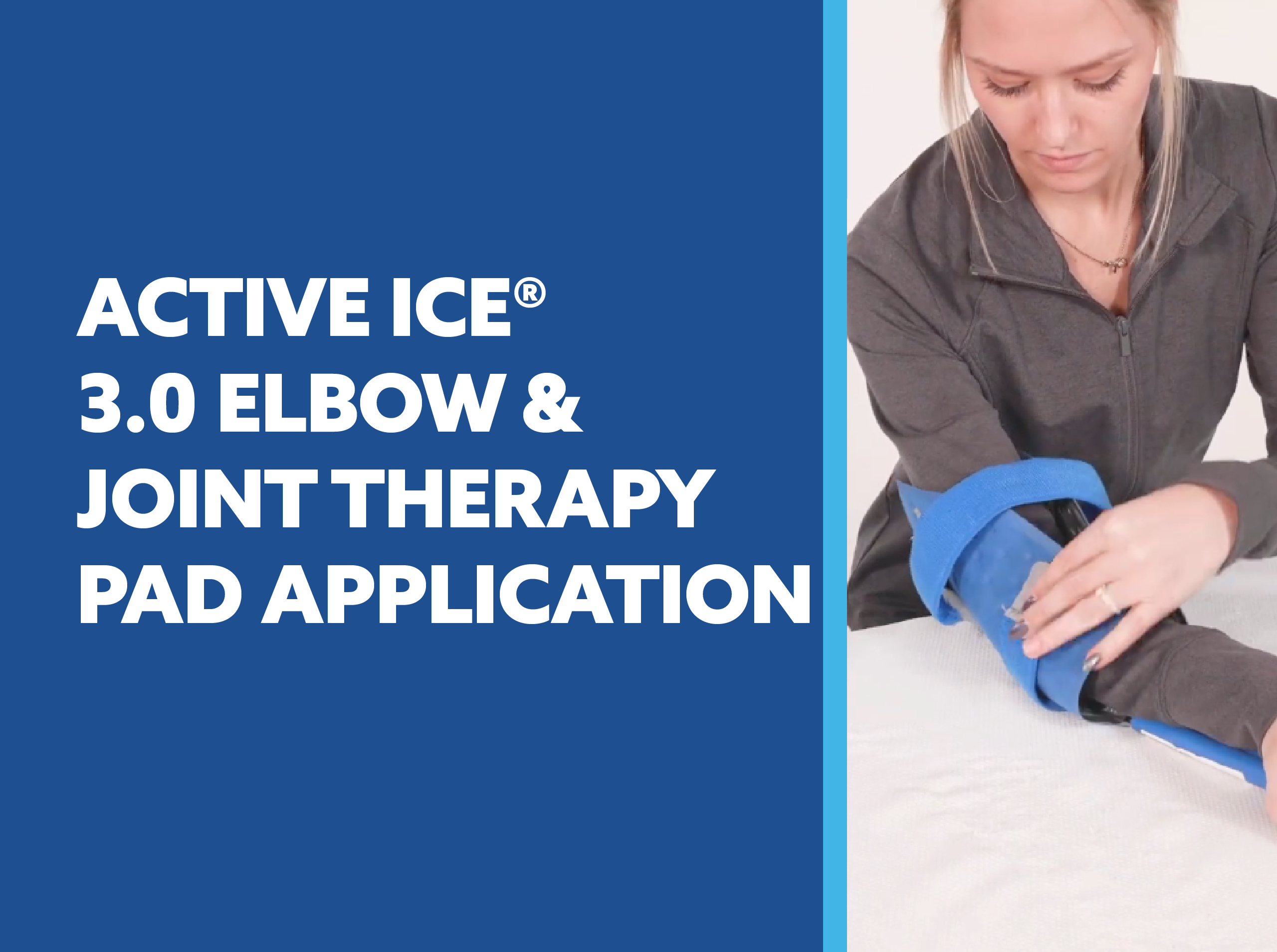 Person wearing an Active Ice 3.0 elbow and joint therapy pad with text about application video on a blue background