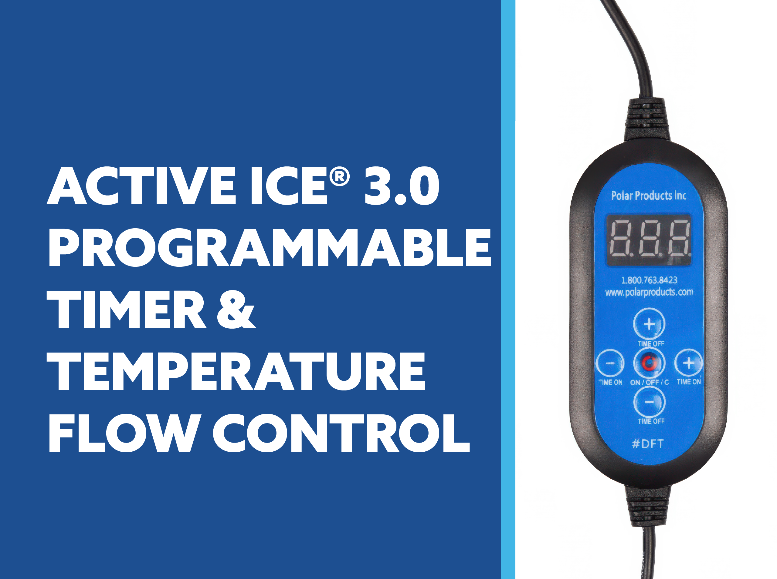 Programmable timer and temperature flow control device with digital display on a blue and white background.