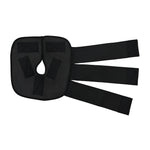 Black knee compression wrap with three attached elastic and velcro on a white background.