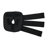 Black knee compression wrap with three attached elastic and velcro on a white background.