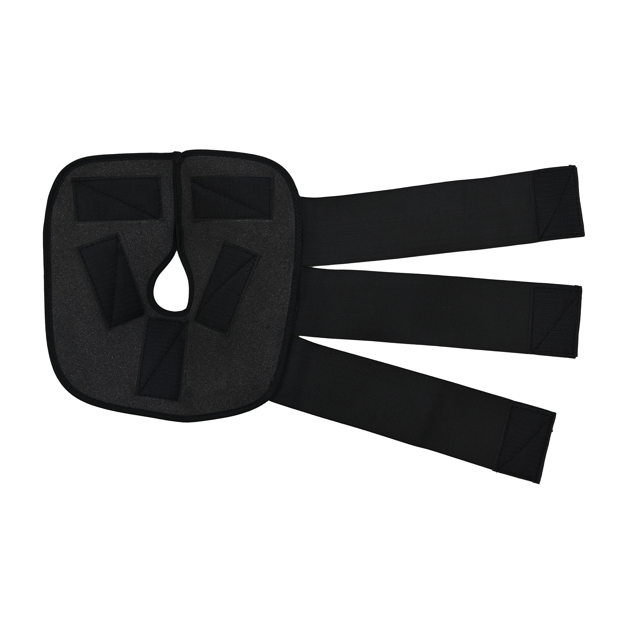 Black knee compression wrap with three attached elastic and velcro on a white background.