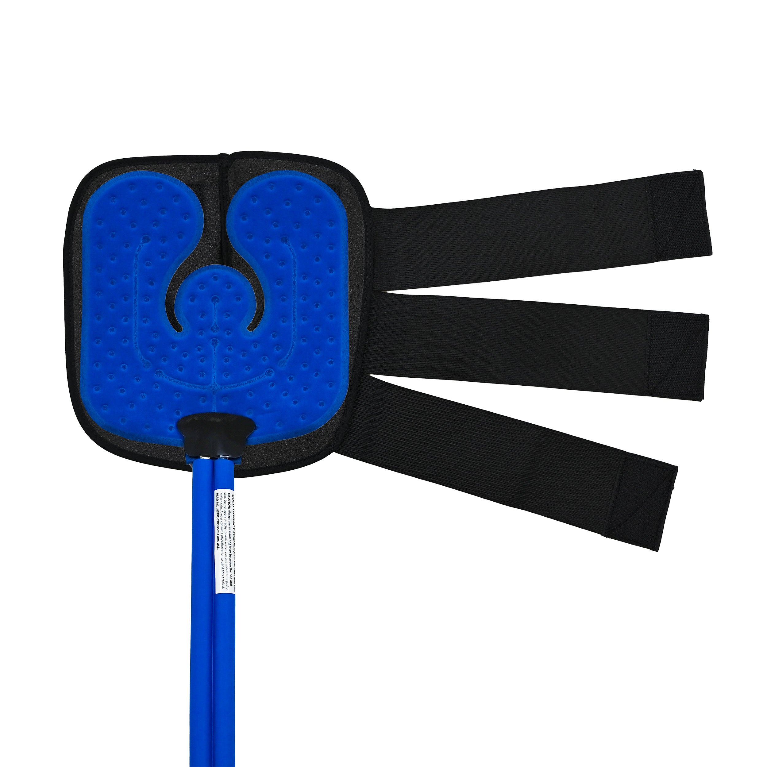 Blue universal U therapy pad over a black knee compression wrap on a white background.