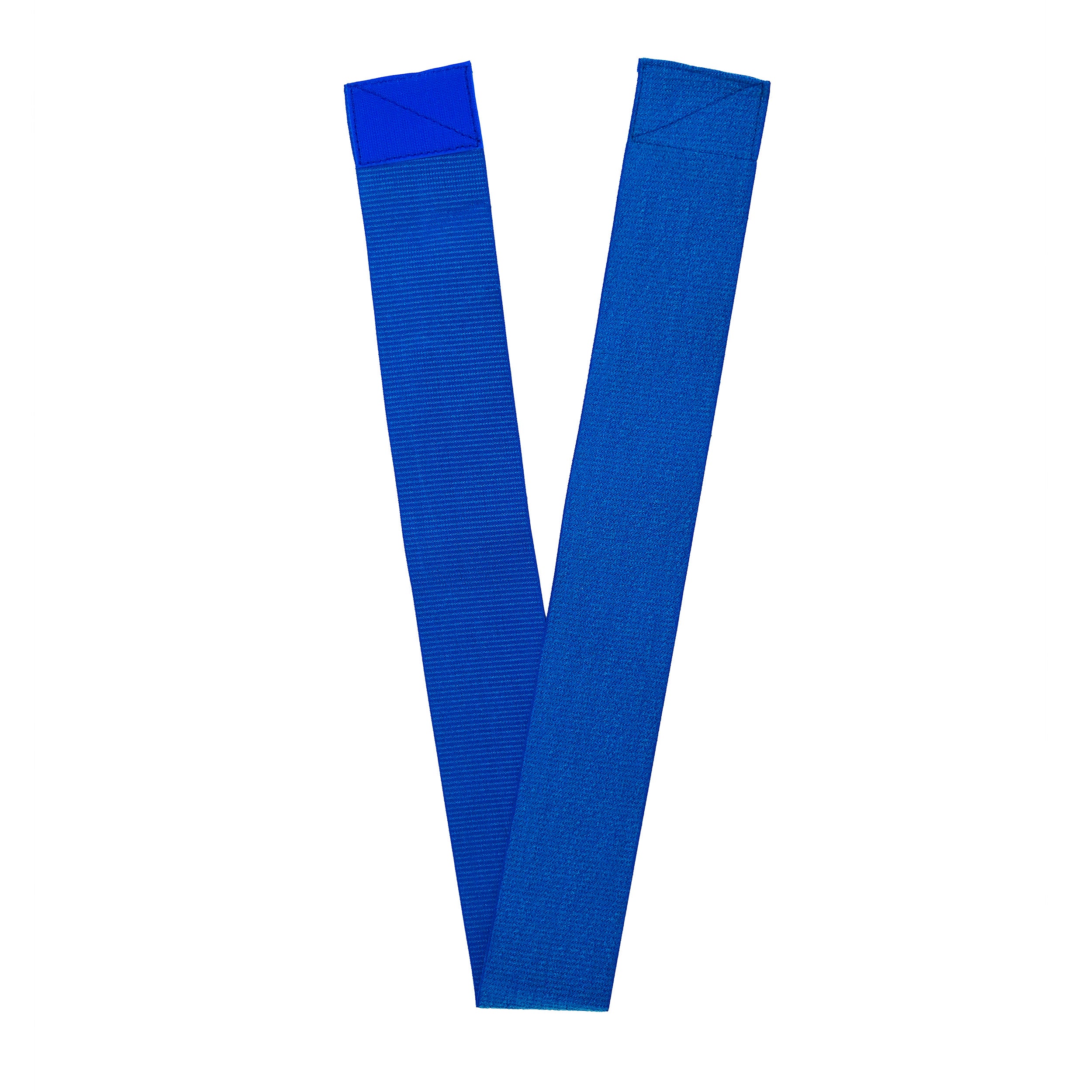 Blue elastic and velcro strap on a white background.