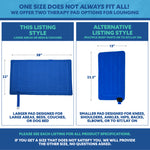 Comparison of two therapy pads with dimensions and usage instructions on a white background.